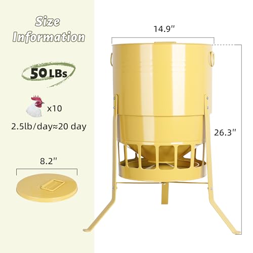 KOL Chicken Feeder No Waste for Coop & Outdoors, 16 Port 50lbs Poultry Feeder with Spill-Control Design, Rust-Proof Powder Coated Metal & Smooth Safe Edges (Yellow) - color: Yellow