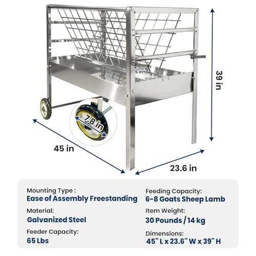 90lb Capacity Goat Hay Feeder with Wheels, 2‑in‑1 Galvanized Steel Livestock Feeder, Rust‑Proof Sheep Feeder Hay with 50 Gallon Feeding Pan for Goats, Sheep, Horses & Pigs