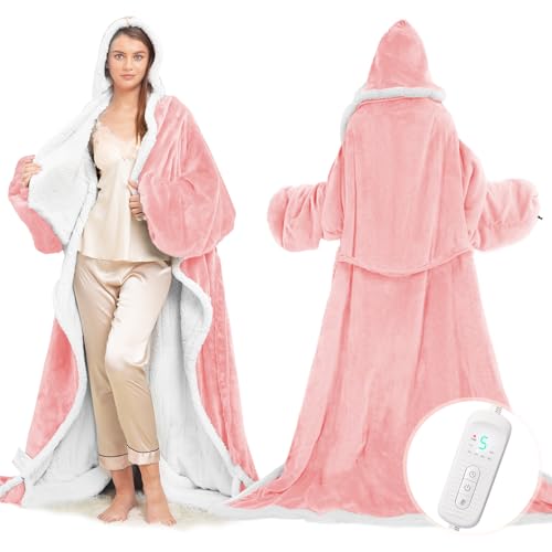 Wearable Heated Blanket with Foot Pocket, Electric Wearable Throw Blanket with Sleeves, Hood, Portable Heated Blanket with 8 Heat Settings, 1-10 Hours Auto Shut-off, Gift for Family, Friends, 50*70" - color: Pink