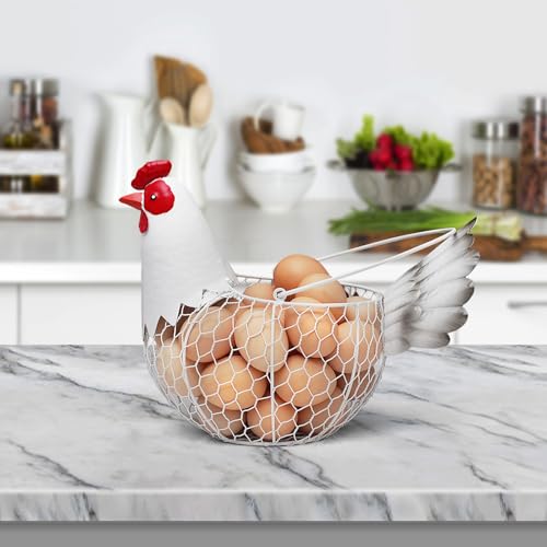 Farmhouse Metal Chicken Wire Egg Basket,Eggs Holder Bowl Kitchen Countertop | Vintage Rooster Decorative Chicken Shaped Fruit Basket for Living Room Home Farm Decor - color: Rustic White