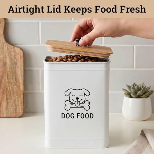 Metal Dog Food Container 5-7lb, 25 Cup w/ Airtight Bamboo Lid, Metal Handle | Pet Jar For Dogs up to 50lbs, Airtight Bamboo Lid, Sturdy Comfortable Metal Handle, Powder Coated Iron, Kibble Storage Bin - color: White: Dog Face