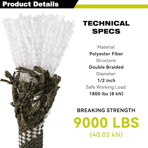 1/2 Inch Arborist Rigging Rope (150 Ft) - Green Double Braid Polyester Tree Rope & Bull Rope, Camouflage Utility Line - 48 Strand High Tensile Strength - size: 1/2 In x 150 Ft, style: Green