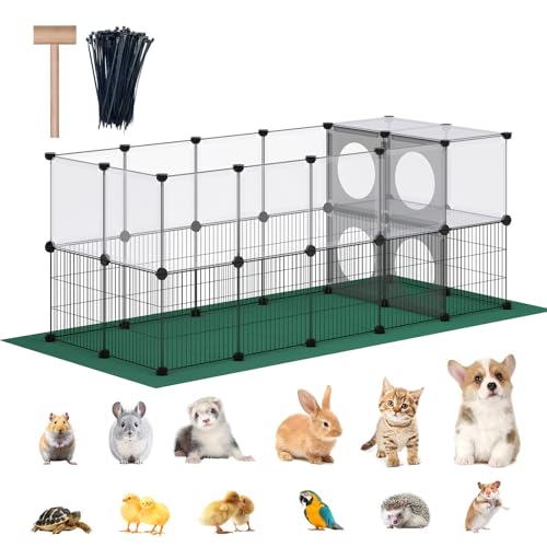 DINMO 36 Panels Bunny Playpen, Oxford Mat & Game Holes, Expandable Fence | 60.2"L x 24.8"W x 24.8"H, For Small Animal, Guinea Pig, Hamster, Ferret, Kitten Enclosure, Iron Mesh & Plastic Combination - style: Plastic and Metal Mesh Design