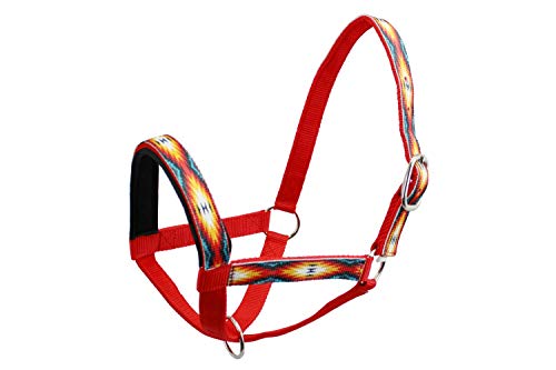 Double Layer Heavy Duty Padded Overlay Printed Nylon Cow Halter - 6 Month Warranty - color: Red Aztec and Red, size: Medium (Calf)