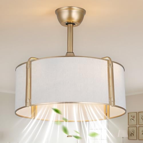 19.2" Gold Fandelier Ceiling Fan with Light Boho Caged Chandelier | for Bedroom Nursery Living Room, Mid-Century Modern Small Enclosed Bladeless, Reversible 6 Speeds, 4 E26 Bulbs (Not Included) - color: Gold Cage
