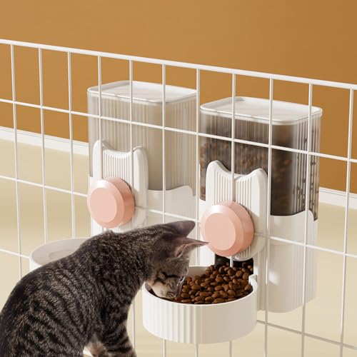 Hanging Cage Auto Pet Food Bowl Water Bottle Dispenser, 1L, Pink | Auto Gravity Pet Feeder and Waterer Set, Kennel Feeding Station, Crate Feeder Dish, For Rabbit Puppy Cats Ferret - color: Pink