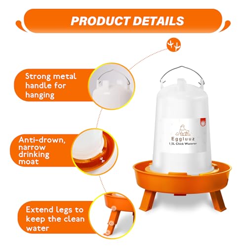 Eggluuz Chick Feeder and Waterer Kit Automatic Chicken Feeder and Waterer Set, 1L Chick Feeder and 1.5L Chick Waterer with 3 Heights Adjustable Legs