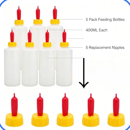 5Pack 400ML Goat and Lamb Feeding Bottles with Silicone Nippl | Small Livestock Milk Feeder Kit for Sheep,Piglets,Calves,Orphaned Animals,Hand-Rearing Nursing Set with 5 Replacement Nipples