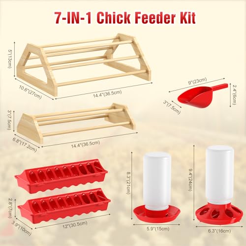 Pawaboo 7-in-1 Chicken Brooder Box Chick Starter Kit, Red + Wood Color | Includes Chicks Perches, Chicken Feeders, Chick Waterers, Chickens Feeding Spoon, Chicks Supplies (Brooder Set) - color: Red + Wood Color