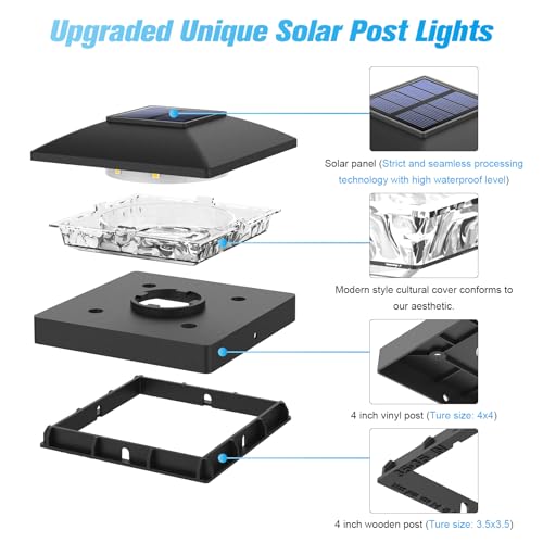 VOLISUN 4x4 Solar Post Cap Lights, 6 Pack Black Waterproof Fence Lights | Waterproof solar lights fit wooden & vinyl 4x4 posts, warm white illumination for garden, patio and porch outdoor decor - color: Black, size: 6 Pack