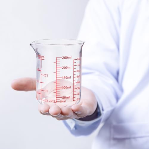 Ackers Borosilicate Glass Measuring Cup with Spout, 250 ml, 8 oz/1 Cup | Handle-free beaker shape with printed cup, oz and ml scales for cooking, baking and small-batch drink preparation - size: 1Cup,250ML