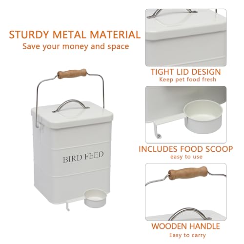Morezi Bird Seed Storage Container Metal, 6 Lbs Airtight Bird Food Tin | Outdor Wild Bird Seed Container Canister w/ Scoop/Wooden Handle , Sturdy and Squirrel-proof, Keep Sunflower Seed Fresh - color: White