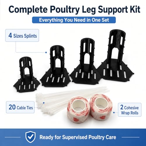4 Sizes Poultry Leg Splint Set, Chicken Foot and Leg Support Brace Kit with Cohesive Wrap and Cable Ties, Black PET Splints for Chickens, Ducks and Geese