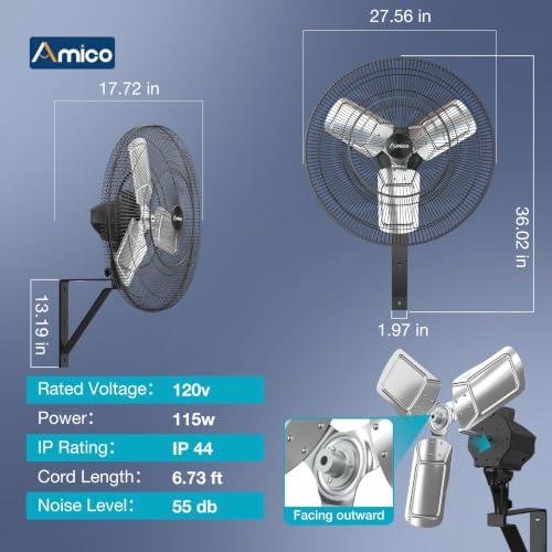 Amico 24 Inch Wall Mount Fan with Remote, DC Motor, 8-Speed, Oscillating Fan for Patio, Garage - size: 24 inch