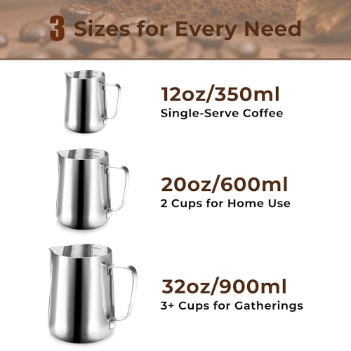 12oz Milk Frothing Pitcher, 304 Stainless Steel | 12oz/20oz/32oz Milk Frother Cup with Measuring Scale & Latte Art Pen for Espresso, Coffee, Cappuccino - size: 12 Ounces