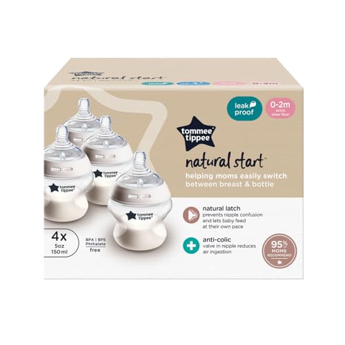 Tommee Tippee Natural Start Baby Bottles, Anti-Colic, 0m+, 5oz | Pack of 4, Slow Flow Breast-Like Nipple, Self-Sterilizing, Seamless Bottle-to-Breast Transition, BPA Free - color: Clear, Pack of 4