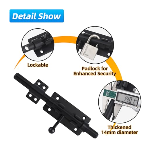 Barrel Bolt Latch, 7.9" Heavy Duty Gate Latch Slide Lock Solid 304 Stainless Steel Bolt Lock for Inside Door, Finished Shed Door Latch (Black) - color: Black 8inch