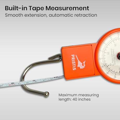 Pristis Fishing Hanging Scale with Tape Measure for Farm Kitchen Luggage | 80 LBs Fish Weight Analog Spring Hook Crane Scale Kit with Non-slip Large Handle, Portable Gear Equipment Weighting Accessory