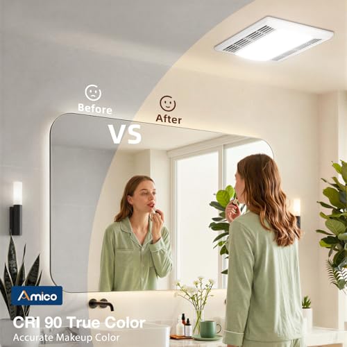 Amico Bathroom Exhaust Fan with LED Light, 110 CFM, 1.0 Sones, 5CCT, 90 CRI | 1000LM, Ceiling Mount Shower Ventilation Fan, No Attic Access Needed, 4 Inch Duct, 9.4'' x 9.4'' Ceiling Opening, ETL & FCC - size: 110 CFM