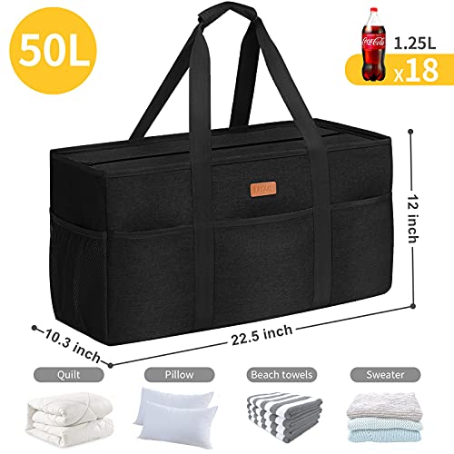 LHZK Stand Up Extra Large Utility Tote Bag with Lid, Utility Tote Bag with Metal Wire Frame and the Sides Rinforced, Reusable Grocery Bags Foldable, Beach Bag, Car Tote (Black) - color: Black, size: 22.5''x10.3''x12''-1 Pack