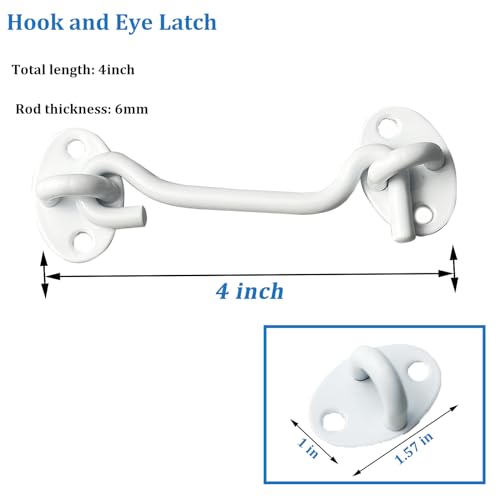2 Pack 4 inch White Hook and Eye Latch for Gate, Shed, Garage - color: White, size: 4 Inch