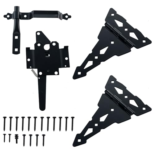WellMade Heavy Duty Wood Gate Kit,8 Inch Decorative T Hinge and Spring Loaded Latch Gate Kit with Screws for Wooden Fence Shed Storage Gate Barns,Black Finish