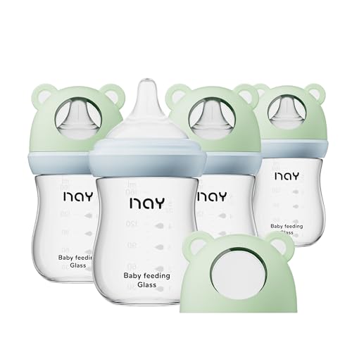 yanyoyo Natural Glass Baby Bottle for Breastfeeding Babies, 5.4oz Anti-Colic Baby Bottle with Natural Response Nipple(S), Clear, Wide Neck, 4 Pack, 1 Months+ - color: Green, size: 5.4 Ounce (Pack of 4)