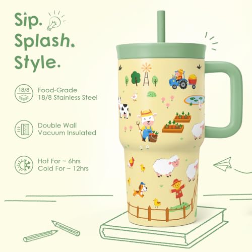 SANDJEST Farm Animals Stainless Steel Tumbler 20oz with Handle and Silicone Straw Locking Lid for Kids Boys, Birthday Christmas Back to School - color: Farm Animal