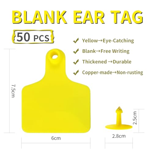 Blank Livestock Ear Tags for Cattle Cow Horse Pig Goat Sheep ID, 50 Pack | Bright fade-resistant ear tags,flexible crack-proof plastic for outdoor farm use. Easy install; ample writing space.