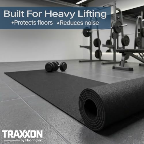 Traxxon by FlooringInc Rubber Gym Flooring Roll, Heavy Duty Recycled Rubber Floor Mats for Home Gym, Garage Gym Floor Mat, Horse Stall Mat (1/4" Thick | Black | 4'x10' | 40 Sq Ft)