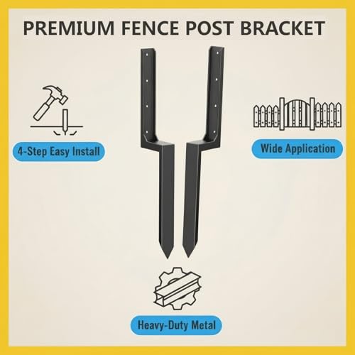 Heavy Duty Fence Post Repair Kit, Metal Fence Post Stabilizer Bracket with Ground Spike for Wooden Fence Repair, Includes Mounting Screws and Drill Bit 2Pack