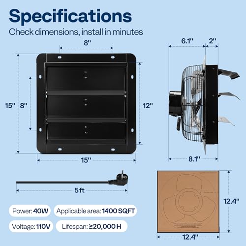 VIVOHOME 12" Shutter Exhaust Fan with EC Motor | 1300 CFM with Thermostat, Variable Speed, Timer, Wall-Mounted for Attic, Garage, Greenhouse, Chicken Coop, Barn Ventilation - size: 12"