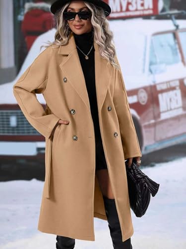 utcoco Womens Long Wool Pea Coat Notched Lapel Double Breasted Trench Coat Winter Warm Overcoat with Belt - color: Camel, size: Medium