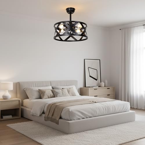 20" Black Caged Ceiling Fan with Lights Remote Modern Fandelier | Industrial Chandelier Light, Reversible DC Motor 6 Speeds for Bedroom Nursery Living Room, 4 E26 Bulbs (Not Included) - color: Black Metal Cage