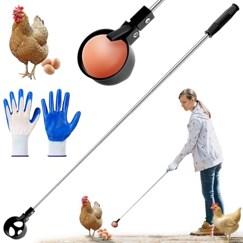Lounsweer Egg Grabber for Chicken Eggs,15.7-76inch Extendable Stainless Steel Egg Picker Tool with (1pcs Extended Handle&1pair Non-Slip Gloves) for Picking from Coop Poultry Nest Farm Use (Blue) - color: Blue