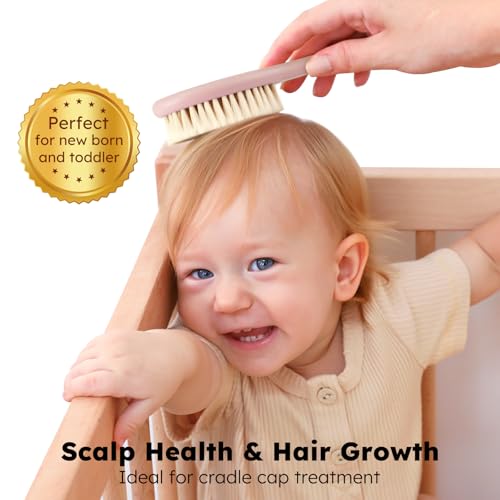 Yoofoss 4 Piece Baby Hair Brush and Comb Set，Wooden Baby Hair Brush with Natural Ultra Soft Goat Hair, Baby Comb Set for Boy, Girl - Pink - color: Pink