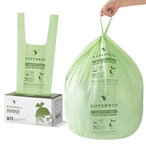 SUPERBIO 13 Gallon Compostable Kitchen Waste Bags with Handles | Food Scrap Bags, Certified by BPI, OK compost HOME, 30 Count, 49.2L - color: 13 Gallon with Handles, 30 Count