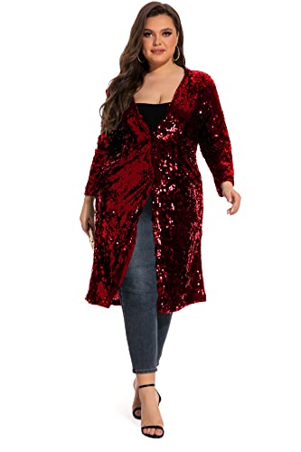- 610 - Long Sleeves Full Sequins Open Front Duster Cardigan Cover-up Jacket Coat - color: Red, size: 1X