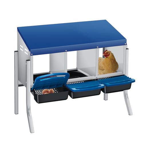 3 Hole Chicken Nesting Box - Heavy Duty Metal Chicken Laying Box, Easy Egg Collection & Cleaning with Removable Tray for Poultry Coop, Backyard, Farm, with Bracket Legs - color: blue, size: 3 holes with legs