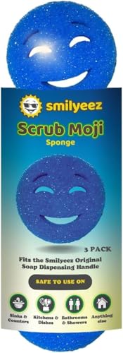 The Original Scrub Moji Scrubbing Sponge by Smilyeez (Set of 3) - Blue - Temperature-Responsive Polymer Foam, Stain and Odor Resistant, Ideal for Kitchen and Bathroom Cleaning - color: Blue