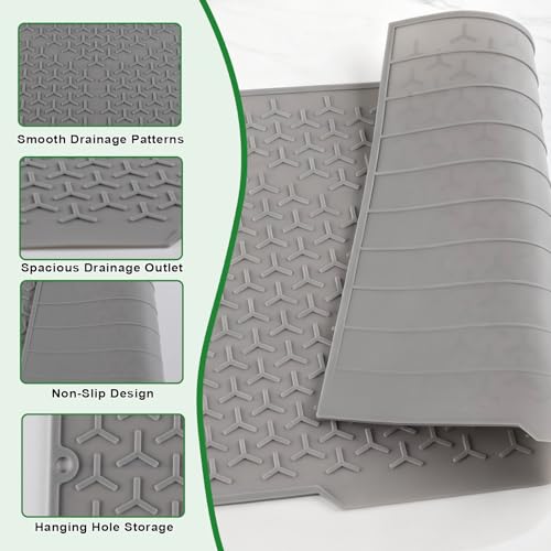 Silicone Dish Drying Mat,14"x10" Dish Drying Pad for Kitchen Counter or Sink,Non-Slip Drain Pad with Built-in Drain,Easy to Clean and Storage,Reusable