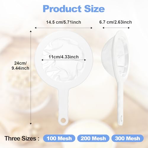 3 PCS Ultra-Fine Nylon Mesh Strainer - 100/200/300 Mesh Plastic Sieve with Handle, Kitchen Filter Tool for Coffee Soy Milk Juice Tea Leaf Honey Wine Yogur