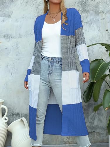 Womens Color Block Cardigan Sweater Long Duster Open Front Sweater in Chunky Cable Knit Plus Size Cardigan - color: 02-blue, size: Small
