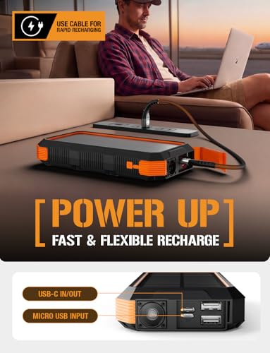 ToughTested 24000mAh Solar Power Bank, LED Flashlight, USB-C Fast Charging | Fast charging power bank with LED flashlight and IP66 rugged protection for camping, travel, and emergencies