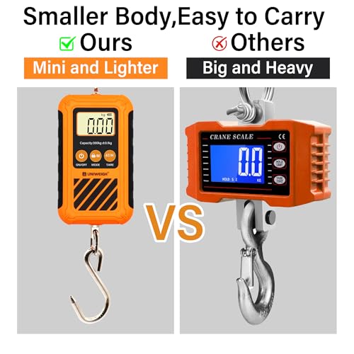 UNIWEIGH Digital Hanging Scale,Mini Crane Scale 300kg/660lb with Hold&Tare | Postal Luggage Scale with LCD Display,Portable Handheld and Large Hook,Deer Scale for Garage Farms Hunting Fish Travel Hays