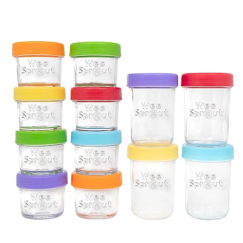 WeeSprout Glass Baby Food Storage Jars - 12 Set, 4 oz/8 oz Baby Food Jars, Plastic Lids, Freezer Storage, Reusable Small Glass Baby Food Containers, Microwave & Dishwasher Safe, for Infant & Baby Food - color: Bright Variety, size: 4 oz / 8 oz (12 pack)