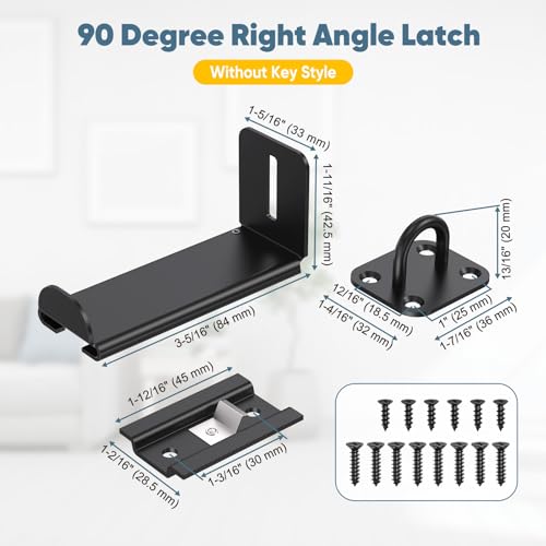 90 Degree Right Angle Door Locks, 3.3 Inch Thickened Sliding Hasp Latch for Inward Opening/Closet/Shed/Barn Door, Cabinet - Heavy Duty Latch for Home Security, Black, 1PC - color: Black, size: 3.3In-1PC