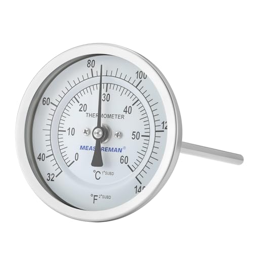 Measureman Fully Stainless Steel Bi-Metal Dial Thermometer, 3" Dial, 6" Stem, 32-140 deg F/0-60 deg C, +/-1% Accuracy, Adjustable, 1/2" NPT Back Mount - size: 3" Dial, 6" Stem, 32-140 deg F/0-60 deg C, style: 6" Stem