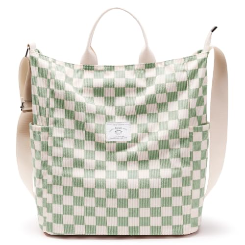 KALIDI Corduroy Tote Bag, Large Slouchy Hobo Messenger Crossbody Bag | Anti Splash Zipper Side Pockets Shoulder Bag Adjustable Strap Lightweight Casual Work Shopping Women - color: Green Checkered