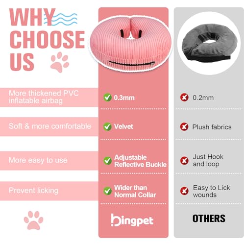 BINGPET Inflatable Dog Cone Collar,Dog Neck Donut Alternative After Surgery | Soft Cone for Large Medium Small Dogs Cats, Recovery E Collar to Stop Licking Pets from Injury, Lightweight Breathable Cotton - color: Pink, size: NEW S(Neck: 11"-12.5" | Diamet